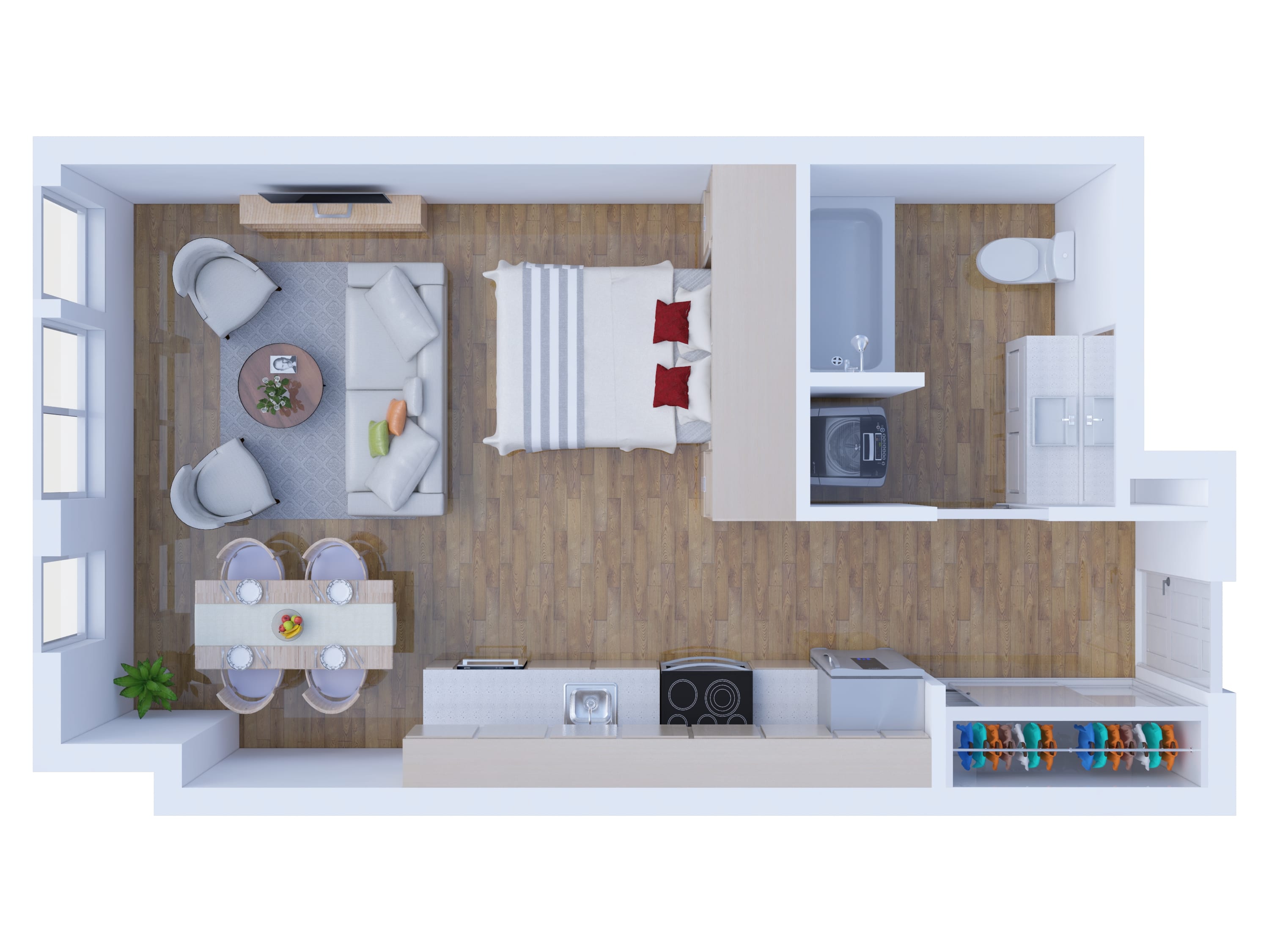 studio, 1, 2 & 3 bedroom apartment floor plans - 2d and 3d