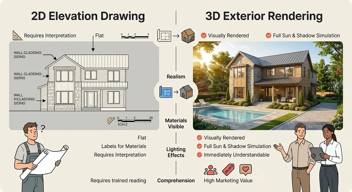 3d-exterior-rendering-vs-2d-elevation-drawing